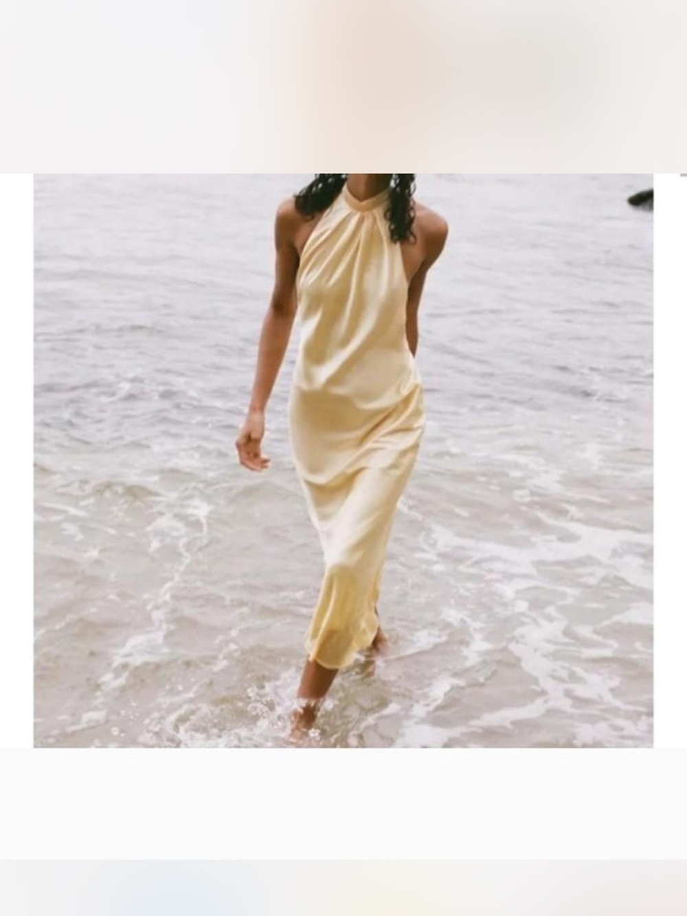 Zara Pale Yellow Satin Halter Midi Dress